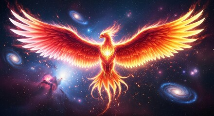 a bird with orange wings flying through space