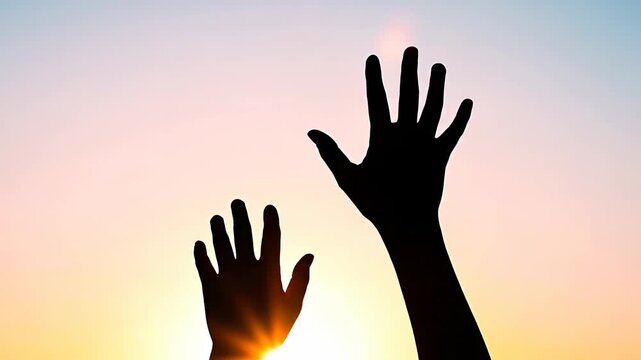 Silhouetted hands reaching up against a colorful sunset sky.