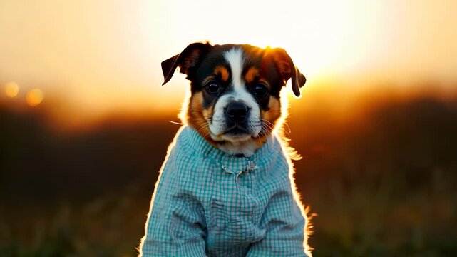 A small dog sits calmly in a light blue checkered shirt as the sun sets in the background. This moment captures the dog's gentle expression in a warm, glowing atmosphere.