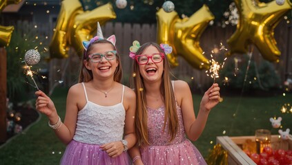 Two ecstatic young girls celebrate an occasion holding handheld sparklers outdoors at dusk