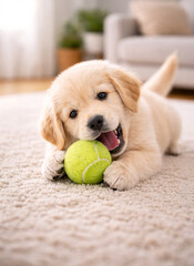 Fototapeta na wymiar Playful puppy lying on a soft carpet and chewing a tennis ball at home. Concept of pet play, happiness, training, active lifestyle and joyful moments with a young dog.
