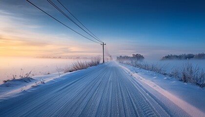 Snow Covered Rural Road With Power Lines Disappearing Into Fog At Dawn