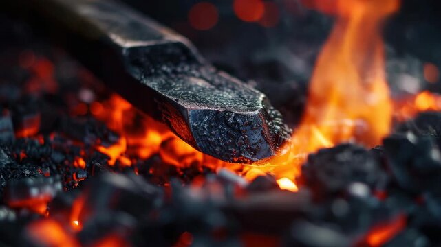 Close-up of a steel ingot being forged on a bed of red-hot coals