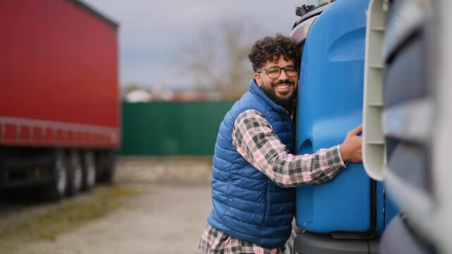 Happy truck driver affectionately hugging his lorry