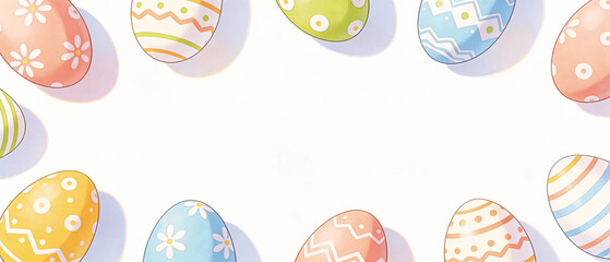 Fototapeta premium Spring Easter background with green leaves and small flowers framing the edges. Soft daylight creates a fresh natural mood with a clean empty center for copy space