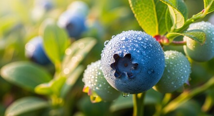 a close up of a bunch of blueberries with water droplets