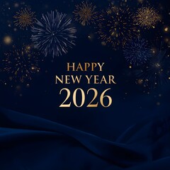 Elegant Happy New Year 2026 Celebration with Golden Fireworks on Dark Blue Background. 