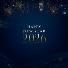 Elegant Happy New Year 2026 Celebration on Dark Blue Background. 