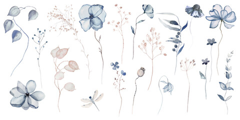 Watercolor floral individual isolated elements set in vintage rustic style, blue blush beige garden illustration on white background, hand painting print with abstract flowers, leaves and plants, desi