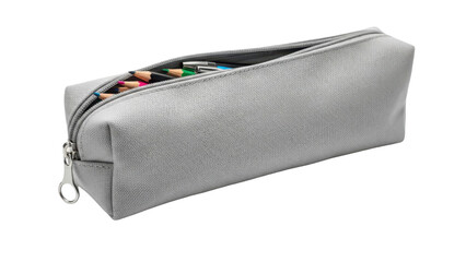 Grey pencil case with colorful pens inside on transparent background