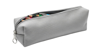 Grey pencil case with colorful pens inside on transparent background