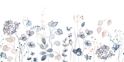 Watercolor floral seamless border in vintage rustic style, blue blush beige garden illustration on white background, hand painting print with abstract flowers, leaves and plants, design texture.