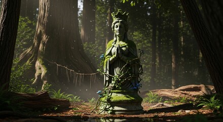 a statue in the middle of a forest