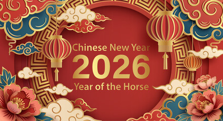 Chinese New Year 2026 Year of the Horse greeting card. Paper cut vector background with golden text, lanterns, peonies and clouds.