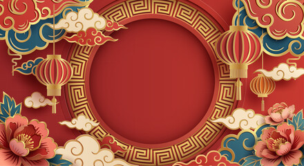 Chinese New Year 2026 empty red circle frame. Paper cut vector background with lanterns, peony and clouds for text.