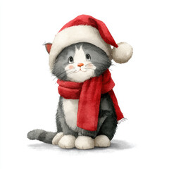 Adorable grey and white kitten wearing cozy red knitted scarf and santa hat watercolor cartoon style clean white background festive holiday theme child friendly character