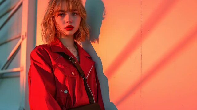 Stylish young woman poses for a portrait against a vibrant sunset backdrop. Her outfit features a trendy red jacket and she sports an edgy haircut.