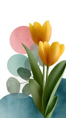 Close up of two yellow tulips with green leaves