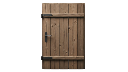 Old wooden door with metal hinges and latch isolated on transparent background