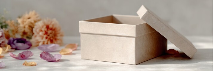 Box with a white lid sits on a table with flowers
