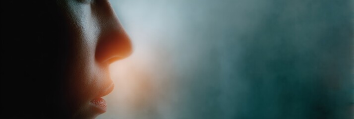 Woman's face is shown with a dark background