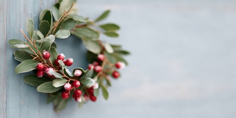Wreath of red berries is hanging on a blue wall