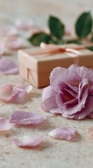 Pink rose is on a table next to a brown box