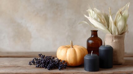Table with a pumpkin, some candles, and flowers