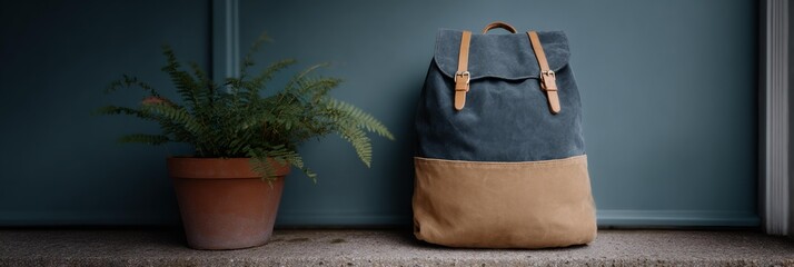 Backpack with a brown strap sits on a cement floor next to a potted plant
