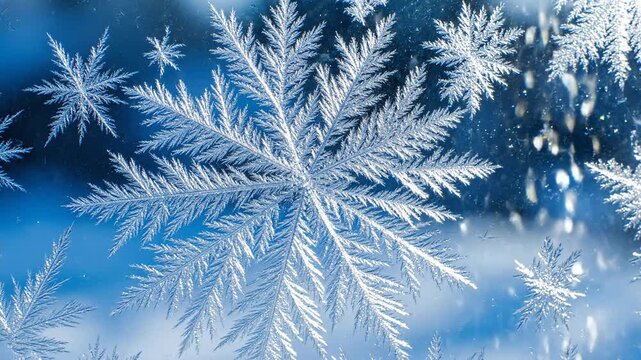 Intricate Ice Crystals Forming Geometric Patterns on Frozen Window