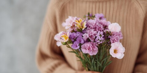 Person is holding a bouquet of flowers in their arms