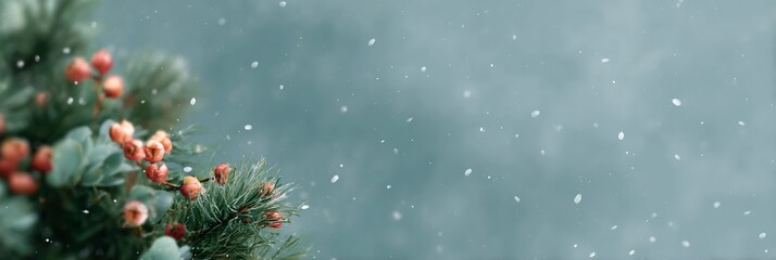 Tree with red berries and snow falling on it