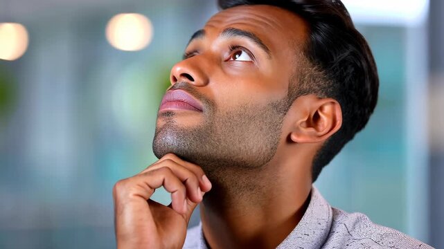 Introspective gaze: a close-up shot of a man looking upward, lost in thought. His expression embodies a contemplative and questioning mood. 