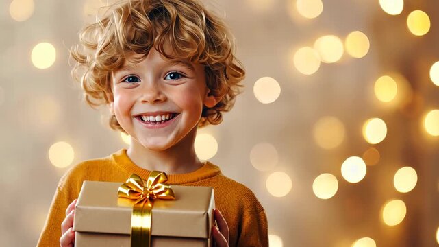 Joyful Gift Recipient: A bright, cheerful boy beams with pure delight, clutching a beautifully wrapped present. The soft.