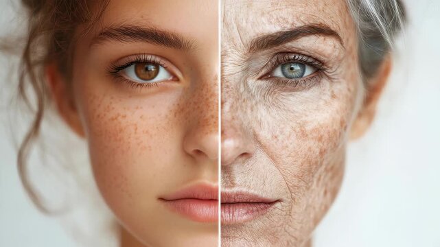 Ageing beauty: A striking split portrait showcases the passage of time, juxtaposing the fresh, vibrant face of youth with the wisdom-etched features of age, highlighting the natural evolution of life.