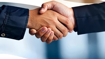 Handshake Deal: A close-up shot of two individuals clasping hands in a firm handshake, symbolizing a successful partnership and a deal agreed upon. The scene radiates trust and collaboration.