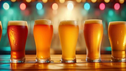 Craft Beer Selection: A tantalizing array of craft beer glasses lined up on a bar, each showcasing a unique amber hue under soft lighting and party atmosphere.