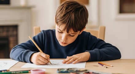 a young boy sitting at a table drawing