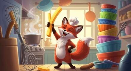 a fox is standing in the kitchen and holding a knife