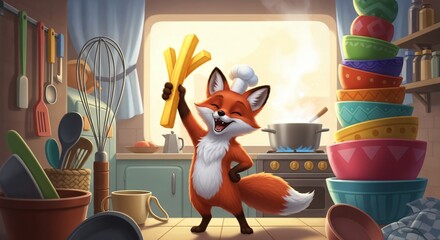 a fox is standing in the kitchen and holding a knife
