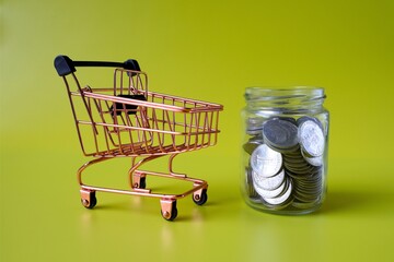 trolley and coins in a jar with a yellow background
