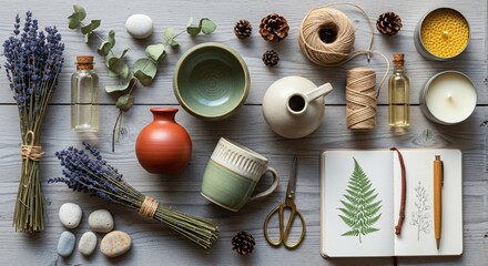 a table with various types of pottery and vases