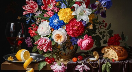 a painting of flowers and fruit on a table