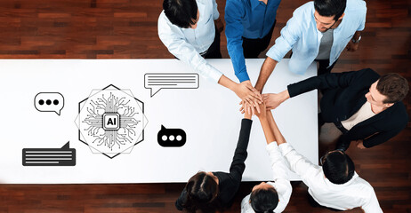 A diverse group of professionals engaged in collaboration around an artificial intelligence concept, emphasizing teamwork, communication, and innovative ideas in a modern workplace setting. Gantry