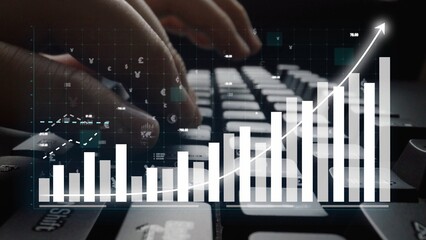 Close-up of hands typing on a keyboard, overlaid with a financial growth graph and data analytics, symbolizing success and business performance in the digital age. Copula