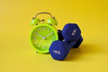 blue barbell and alarm clock on yellow background
