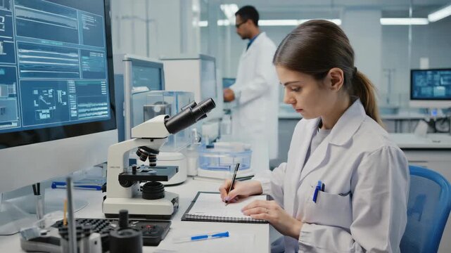 Young female scientist in a lab coat, analyzing results on computer monitors with a microscope.