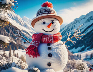 Snow person with Scarf and Hat in teh Mountains