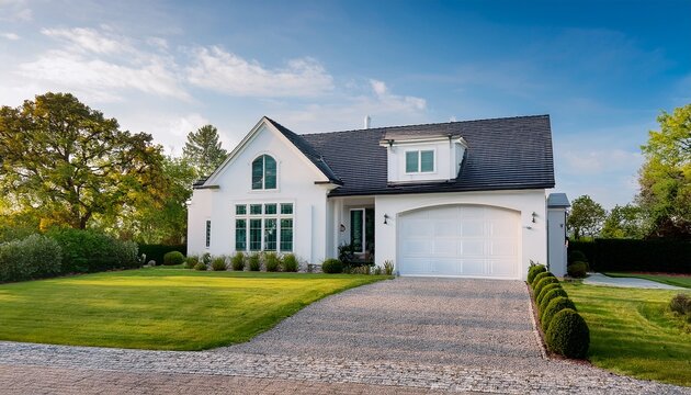 white modern house home beautiful farmhouse cottage transitional classic architecture view of exterior front lawn and paved driveway