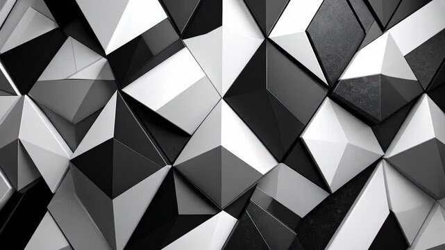 Abstract geometric background with three-dimensional black, white, and gray triangular and polygonal shapes creating a modern and dynamic pattern.
